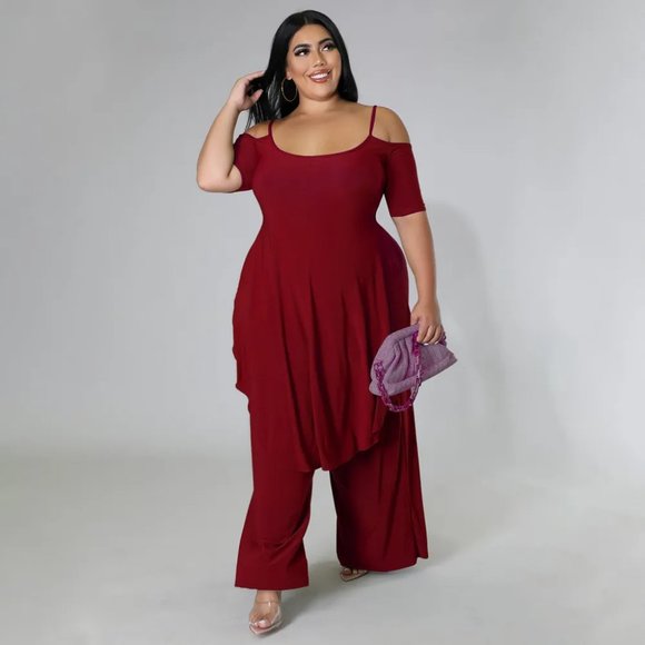 Women Solid Color Short Sleeve Off Shoulder Top And Wide Leg Pants Two-Piece Set - Picture 5 of 14